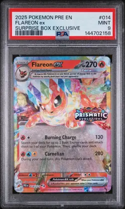 2025 Pokemon Prismatic Evolutions #014 Flareon Ex Surprise Box Exclusive PSA 9 - Image 1