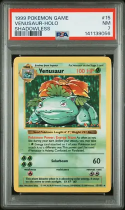 1999 POKEMON GAME SHADOWLESS #15 VENUSAUR-HOLO PSA 7 - Image 1