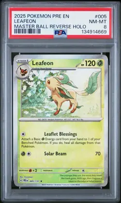 2025 POKEMON PRE EN-PRISMATIC EVOLUTIONS MASTER BALL REVERSE HOLO LEAFEON PSA 8 - Image 1