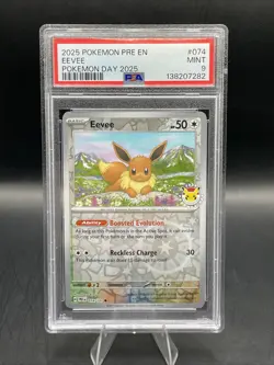 2025 Pokemon Day Eevee 074/131 Stamped Promo Reverse Cosmos Holo PSA 9 MINT - Image 1
