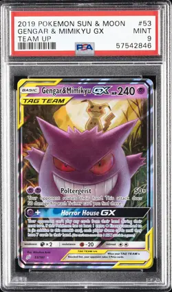 2019 POKEMON SUN & MOON TEAM UP #53 GENGAR & MIMIKYU GX PSA 9 - Image 1