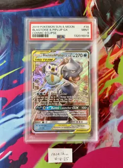 2019 Pokemon Sun & Moon Cosmic Eclipse Blastoise & Piplup GX #38 PSA 9 Mint - Image 1