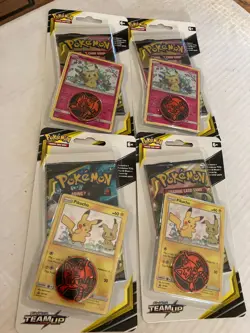 Pokemon sealed team up 4 checklane blister packs Mimikyu pikachu packs see scans - Image 1