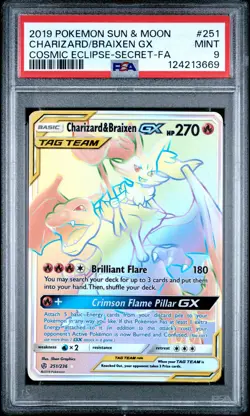 2019 POKEMON SUN & MOON COSMIC ECLIPSE FULL ART/CHARIZARD & BRAIXEN GX PSA 9 - Image 1