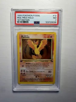 1999 Pokemon Fossil Moltres Holo 1st Edition PSA 7 - Image 1
