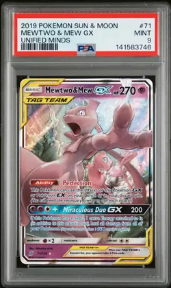 2019 Pokemon Sun & Moon Unified Minds Mewtwo & Mew GX PSA 9 #71/236 - Image 1