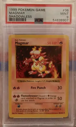 1999 Pokemon Base Set Magmar Shadowless #36 PSA 9 - Image 1