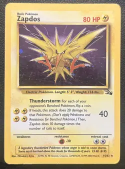 Pokemon Card 1999-2000 Fossil Zapdos Cosmos Holo Rare 15/62 MP+ - Image 1