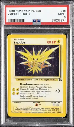 1999 POKEMON FOSSIL #15 ZAPDOS-HOLO PSA 9 - Image 1