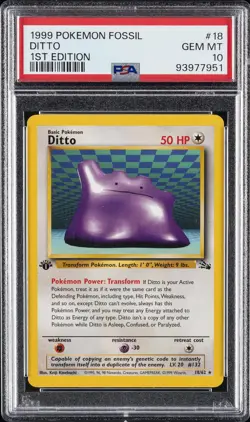1999 POKEMON FOSSIL 1ST ED #18 DITTO PSA 10 - Image 1