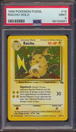 1999 Pokemon Fossil Raichu #14 Holo PSA 9 MINT CENTERED - Image 1