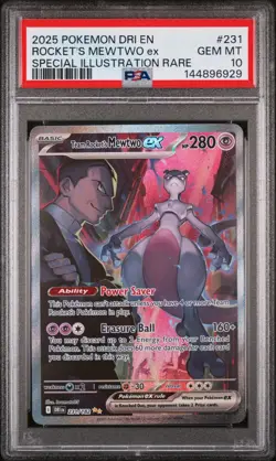 2025 POKEMON DESTINED RIVALS SPECIAL ILLUSTRATION TEAM ROCKET'S MEWTWO EX PSA 10 - Image 1