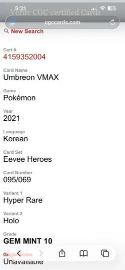 Pokemon Umbreon VMAX Eevee Heroes Hyper Rare Holo CGC 10 Korean 2021 095/069 - Image 3