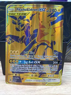 Pokemon Pikachu and Zekrom TCG Gold GX Promo Card SM248 Jumbo - Image 1