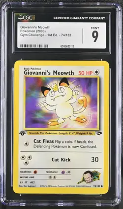 CGC 9 MINT Giovanni's Meowth Gym Challenge 1st Edition 74/132 Pokemon Card - Image 1