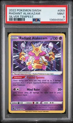 2022 POKEMON SWORD & SHIELD SILVER TEMPEST #059 RADIANT ALAKAZAM PSA 9 - Image 1