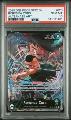 2025 One Piece OP12 EN Roronoa Zoro Alternate Art #020 PSA 10 GEM MINT - Image 1