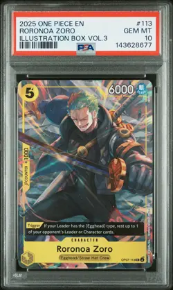 2025 ONE PIECE PROMOS ILLUSTRATION BOX VOL.3 #113 RORONOA ZORO PSA 10 - Image 1