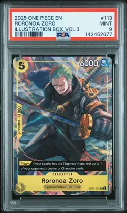 2025 ONE PIECE PROMOS ILLUSTRATION BOX VOL.3 #113 RORONOA ZORO PSA 9 - Image 1