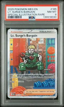 2025 POKEMON MEGA EVOLUTION SPECIAL ILLUSTRATION RARE LT. SURGE'S BARGAIN PSA 8 - Image 1
