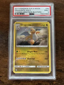 2017 POKEMON SUN & MOON COSMOS-MINI PACK BLISTERS #96 DRAGONITE-HOLO PSA 9 - Image 1