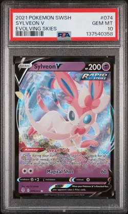 2021 POKEMON SWORD & SHIELD EVOLVING SKIES #074 SYLVEON V PSA 10 - Image 1