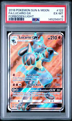 2018 POKEMON SUN & MOON FORBIDDEN LIGHT #122 FULL ART/LUCARIO GX PSA 6 - Image 1