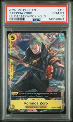 2025 ONE PIECE PROMOS ILLUSTRATION BOX VOL.3 #113 RORONOA ZORO PSA 10 - Image 1