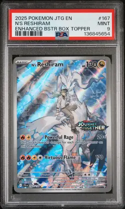 2025 POKEMON JTG ENHANCED BOOSTER BOX TOPPER #167 N'S RESHIRAM PSA 9 - Image 1