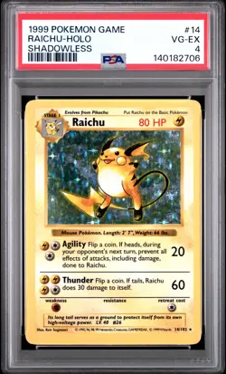 1999 POKEMON BASE SET SHADOWLESS #14 RAICHU-HOLO PSA 4 - Image 1