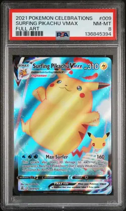 2021 POKEMON CELEBRATIONS #009 FULL ART/SURFING PIKACHU VMAX PSA 8 - Image 1
