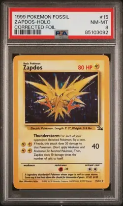 1999 Pokemon Fossil Zapdos Holo Corrected Foil #15/62 PSA 8 NM-MT - Image 1