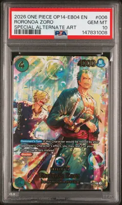 2026 ONE PIECE EB04-THE AZURE SEA'S SEVEN ALTERNATE ART #006 RORONOA ZORO PSA 10 - Image 1