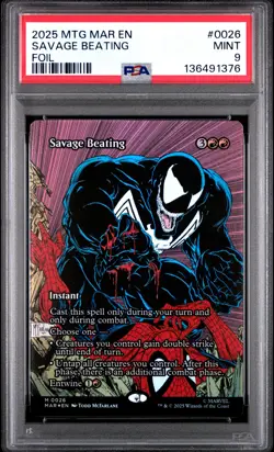 2025 MTG MARVEL'S SPIDER-MAN: SOURCE MATERIAL FOIL #0026 SAVAGE BEATING PSA 9 - Image 1