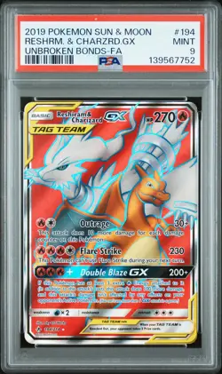 2019 POKEMON SUN & MOON UNBROKEN BONDS FULL ART/RESHIRAM & CHARIZARD GX PSA 9 - Image 1
