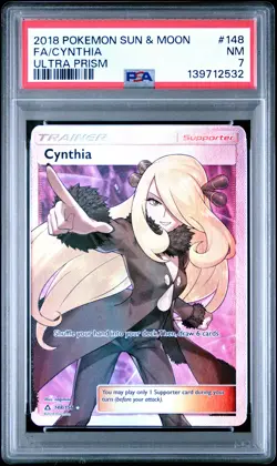 2018 POKEMON SUN & MOON ULTRA PRISM #148 FULL ART/CYNTHIA PSA 7 - Image 1