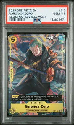 2025 ONE PIECE PROMOS ILLUSTRATION BOX VOL.3 #113 RORONOA ZORO PSA 10 - Image 1