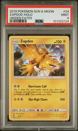 ZAPDOS PSA 9 • 2019 Pokemon Card S & M Hidden Fates Reverse Foil MINT #24 - Image 1
