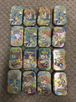 Pokemon TCG Mini Tin Empty w/ Collectable Cards And Coins, 16 Total - Image 1