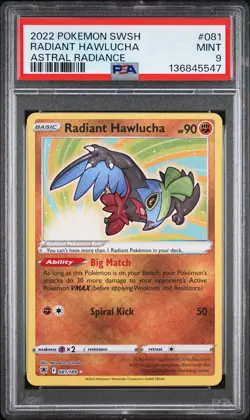 2022 POKEMON SWORD & SHIELD ASTRAL RADIANCE #081 RADIANT HAWLUCHA PSA 9 - Image 1