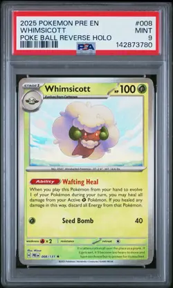 2025 POKEMON PRE EN-PRISMATIC EVOLUTIONS POKE BALL REVERSE HOLO WHIMSICOTT PSA 9 - Image 1