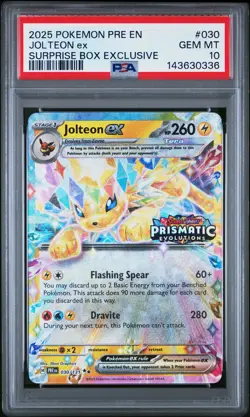 2025 POKEMON PRISMATIC EVOLUTIONS SURPRISE BOX EXCLUSIVE #030 JOLTEON EX PSA 10 - Image 1