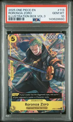 2025 ONE PIECE PROMOS ILLUSTRATION BOX VOL.3 #113 RORONOA ZORO PSA 10 - Image 1