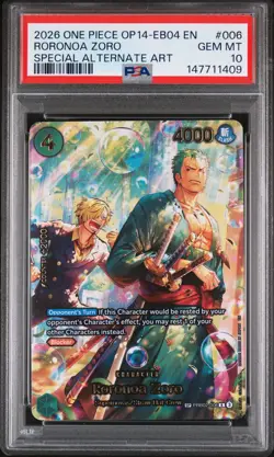 2026 ONE PIECE EB04-THE AZURE SEA'S SEVEN ALTERNATE ART #006 RORONOA ZORO PSA 10 - Image 1