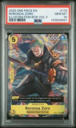 2025 ONE PIECE PROMOS ILLUSTRATION BOX VOL.3 #113 RORONOA ZORO PSA 10 - Image 1
