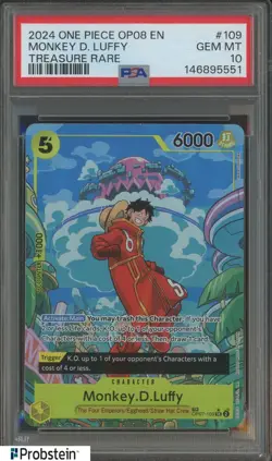 2024 One Piece OP08 EN Treasure Rare #109 Monkey D.Luffy PSA 10 GEM MINT - Image 1