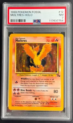 1999 Pokemon Fossil Moltres Holo PSA 7 #12 – Vintage WOTC Rare Card NM - Image 1