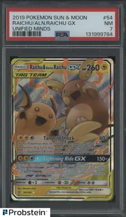 2019 POKEMON SUN & MOON UNIFIED MINDS #54 RAICHU/ALN.RAICHU GX PSA 7 NM - Image 1