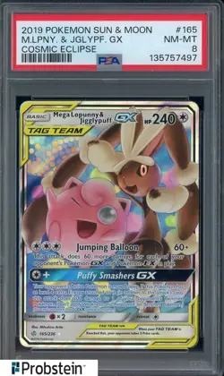 2019 Pokemon S & M Cosmic Eclipse #165 Mega Lopunny & Jigglypuff Gx PSA 8 - Image 1