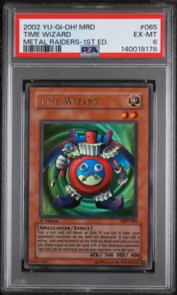 2002 YU-GI-OH! MRD-METAL RAIDERS 1ST ED #065 TIME WIZARD PSA 6 - Image 1